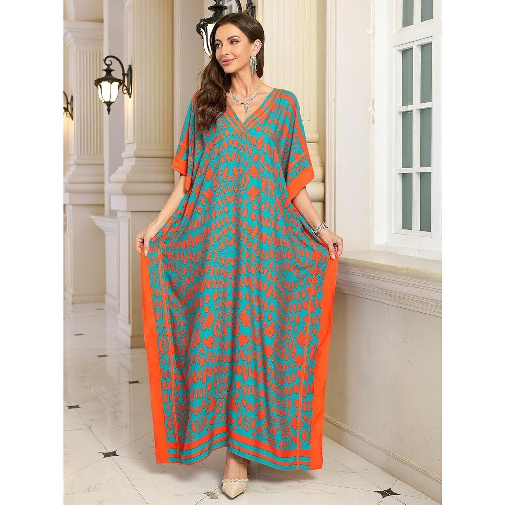 Kaftan Dresses for Women V Neck Batwing Sleeve Plus Size Caftans Swimwear - Picture 6 of 7